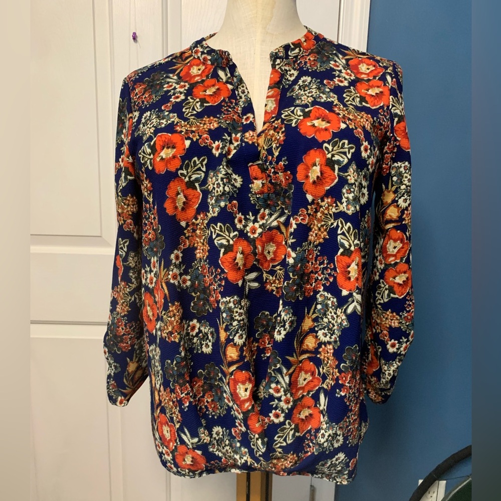 Vibrant Floral Blouse - Blue and Orange